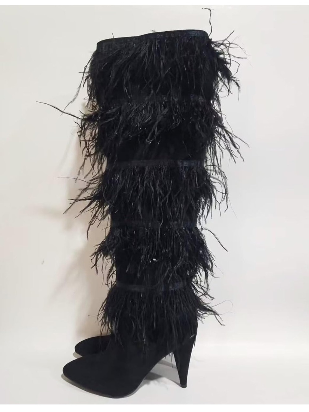 New Suede Black Feather-Trim Knee-High Stiletto Boots (Never Worn) U.S. Size 9
